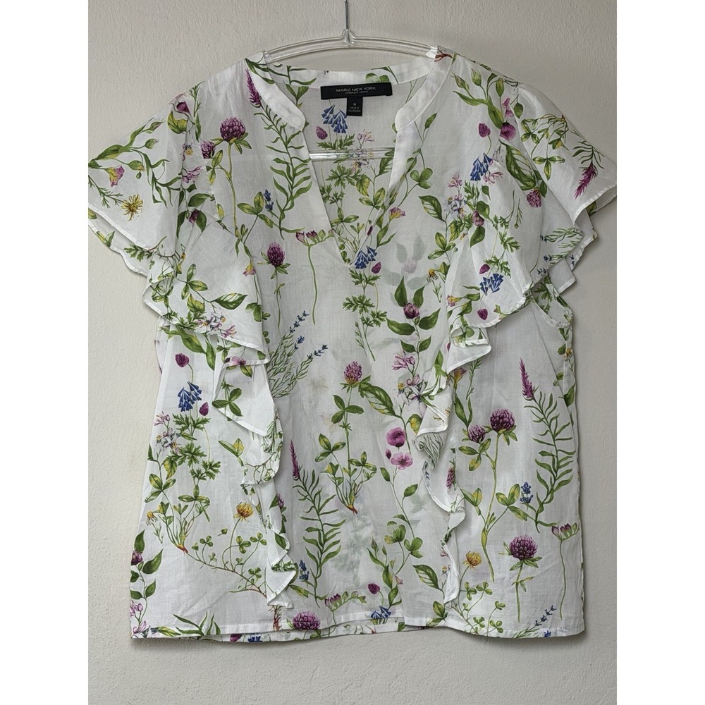 Marc NY Womens Blouse Top Medium Multicolor Floral 100 Cotton Ruffled Sleeveless